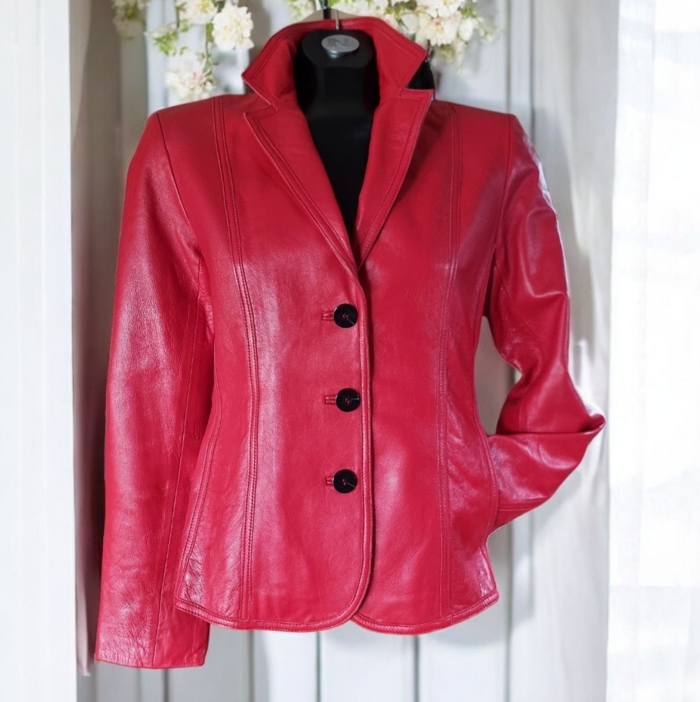 Jones New York Red Leather Jacket Tailored Blazer Style Sz S